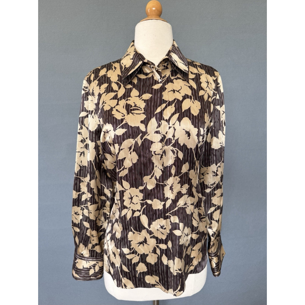 Starington 100% Silk Floral Button Front Blouse Brown Cream Long Sleeve Size 10